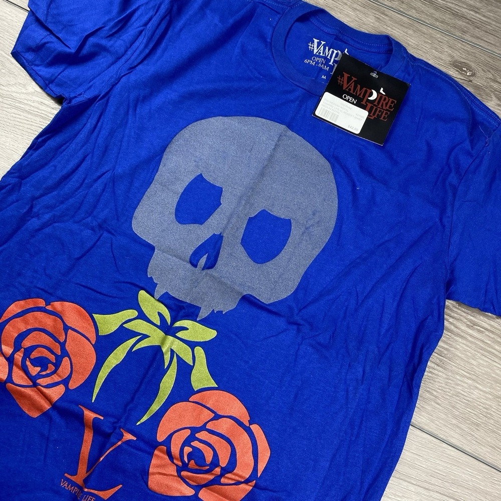 Vampire Life Mens Short Sleeve T-Shirt Blue Skull Roses Medium New